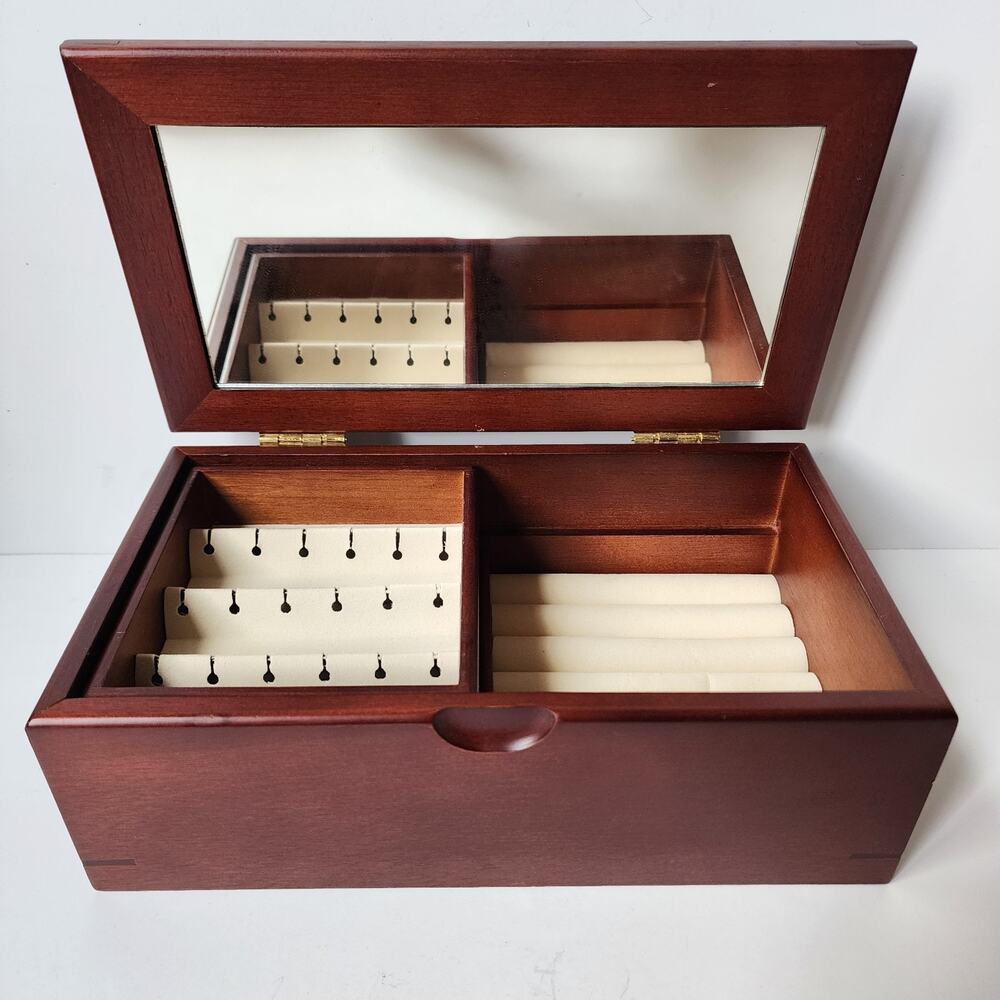 Vintage Wood Jewelry Box Dresser Top Mirror Slide Tray Hinge Lid Classic